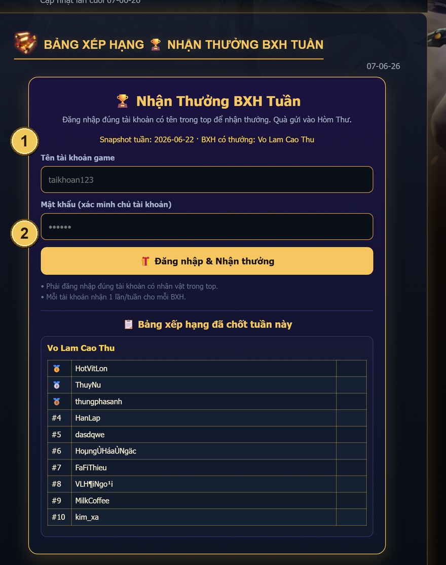 Trang Nhận Thưởng BXH — đăng nhập (① ②) rồi xem bảng đã chốt bên dưới