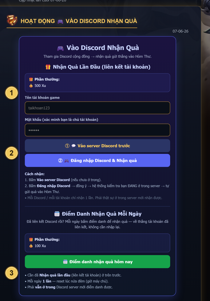 Trang Vào Discord Nhận Quà — các vị trí ① ② ③ tương ứng các bước bên dưới