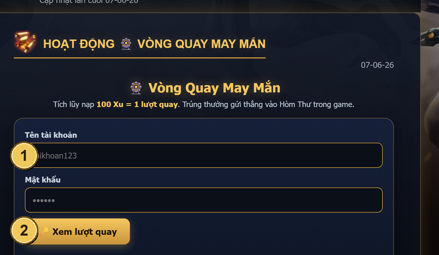 Trang Vòng Quay May Mắn — đăng nhập (① ②) để xem số lượt